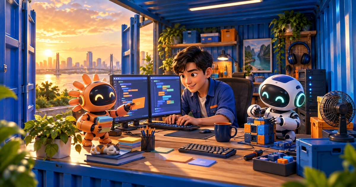 An engineer working with Claude and Codex robot assistants inside a blue MyStorage container