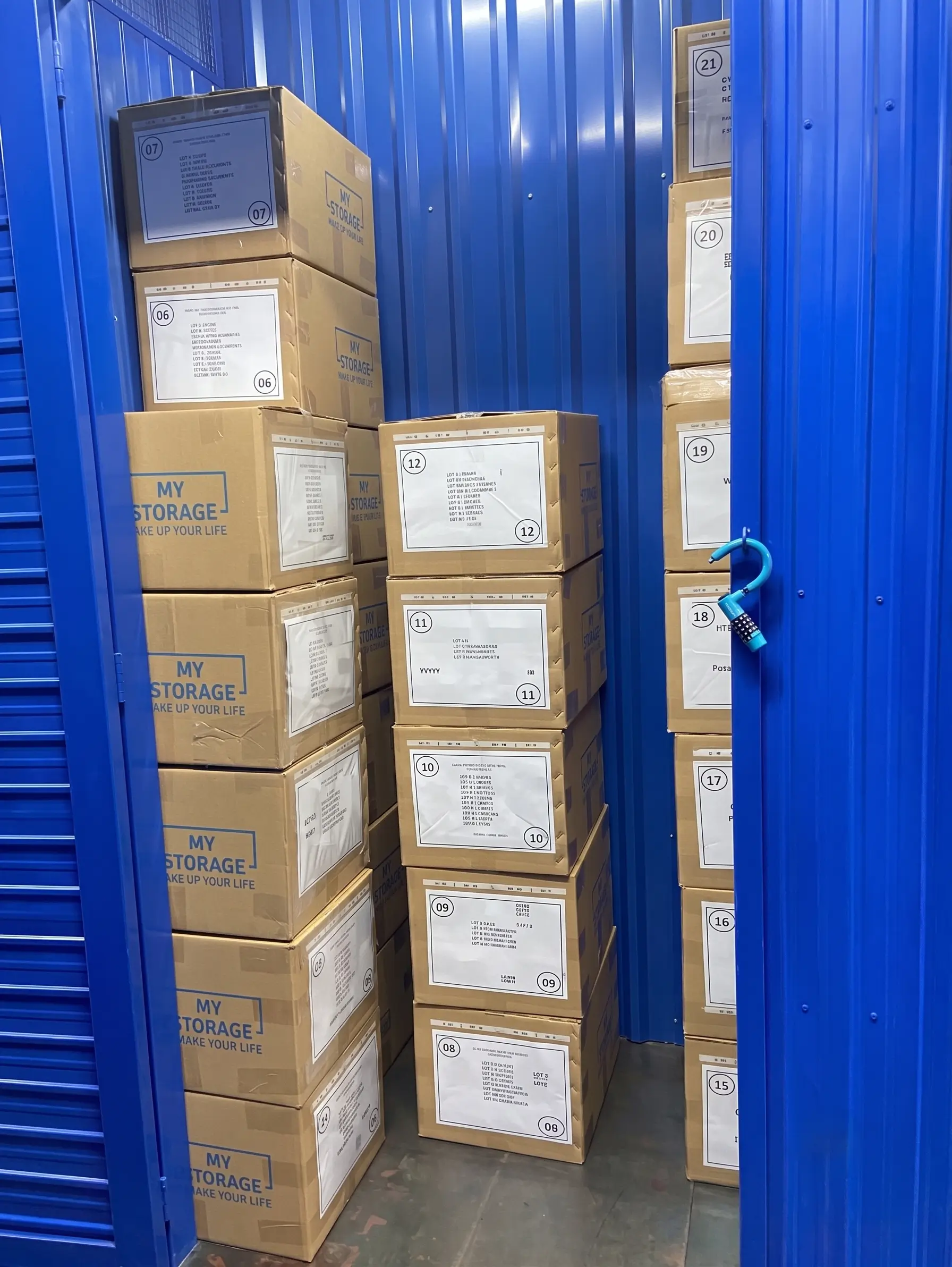 MyStorageの収納ユニット内に積み重ねられた収納ボックス。